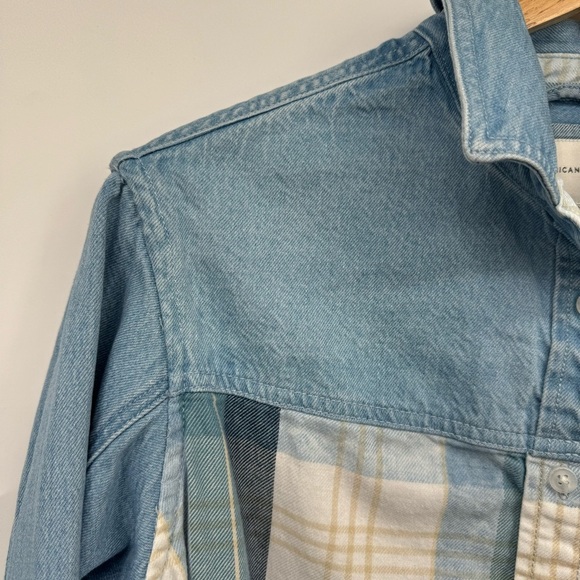 AE Mixed Denim Plaid Flannel Boyfriend Button Down Collar Shirt Women’s XS - Picture 6 of 11